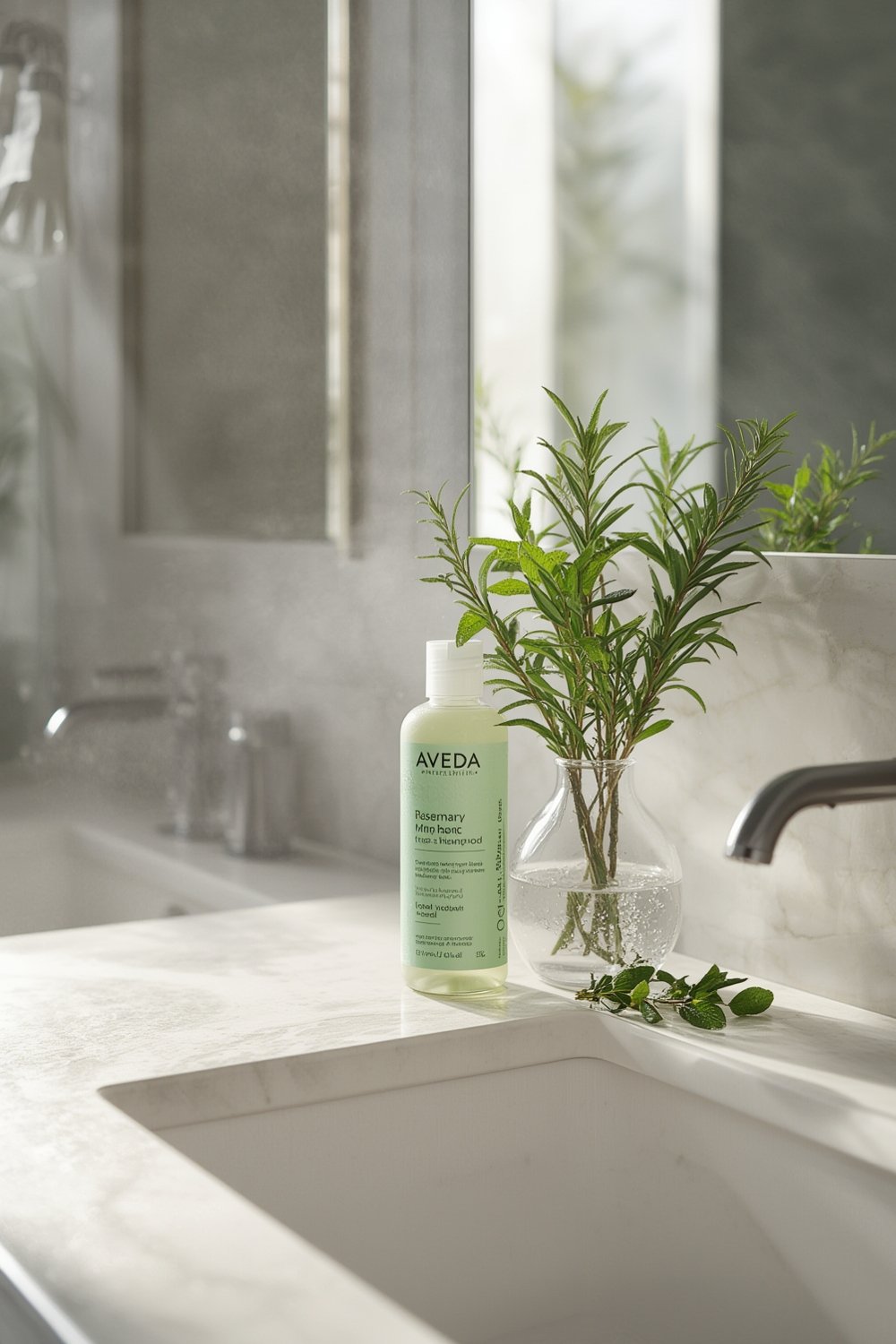 Aveda Rosemary Mint Shampoo bottle showing natural ingredients and clarifying formula