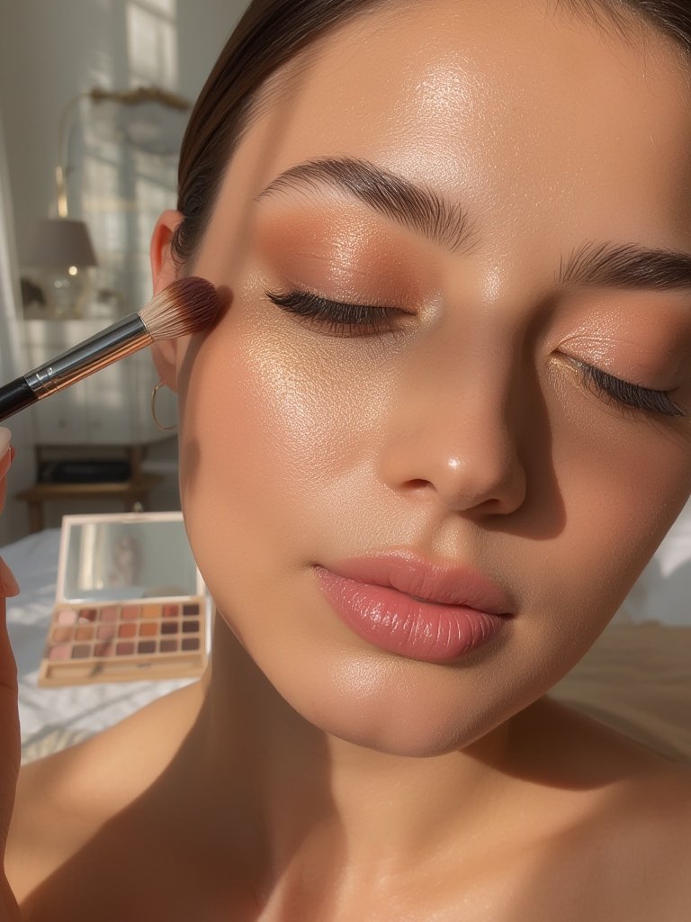 Vegan eyeshadow palette showing 10 blendable neutral shades in matte shimmer and metallic finishes